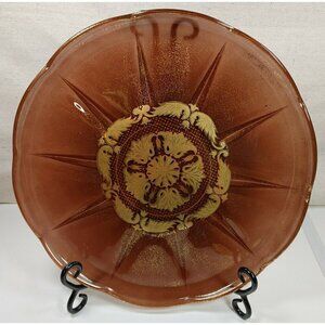 George Briand Glass Round Shaped Henna Mandala Serving Tray Plates Gold Brown